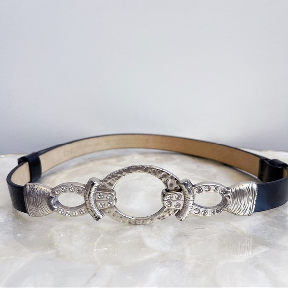 Chico’s Silver Tone Rhinestone Buckle Black Belt S - Picture 2 of 16